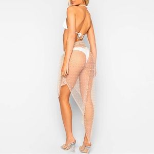 Sheer Mesh Swimsuit Pearl Cover Up Beach Sarong Tie Side Wrap